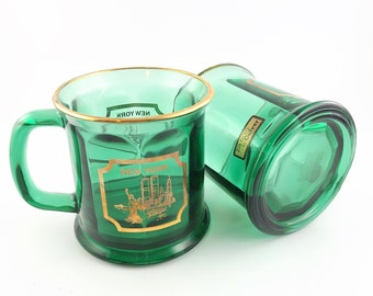 Pair of Vintage Culver NYC Green Glass Mugs / World Trade Center Mugs / Vintage NYC / NYC Mug / Vintage New York / Green Mug