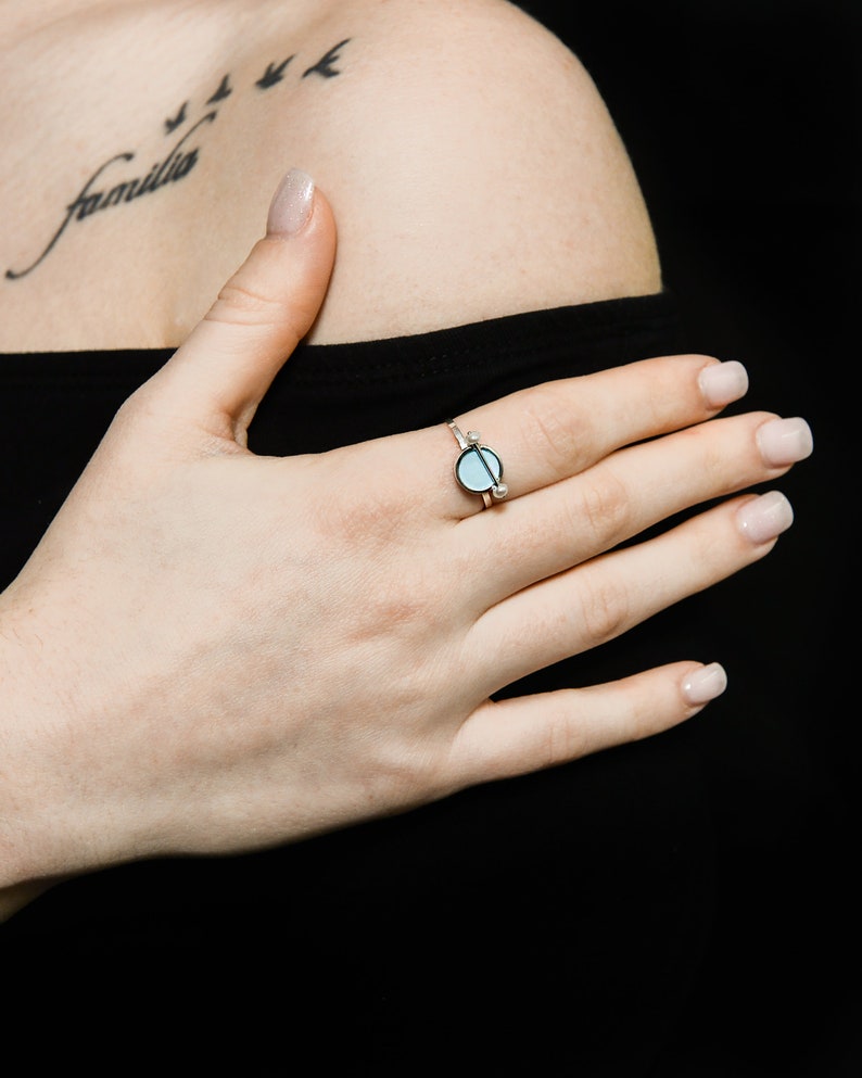 Art deco sterling silver ring turquoise with pearls enamel pearl ring silver