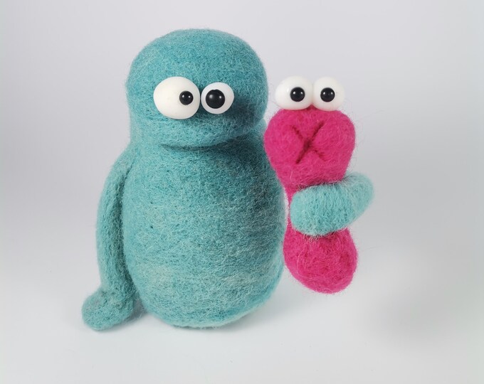 Two Needle Felted Monsters Blue Squeezing Red Loving Soft Etsy