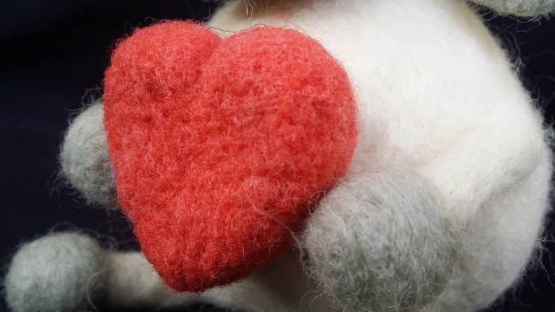 Needle felted sheep with long hair holding big red heart lover gift idea, I LOVE EWE Mother/'s day gift shelf life desktop decoration
