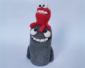 Needle felted monster figurines, Cute pink little monster on top of big grey wool ball, best friend&#39;s gift idea, room decor