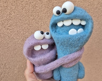 Felted wool hugging monsters, Shelf art decor
