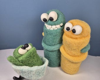 Needle Felted Family Monster Figures – Mr. Blue, Miss Yellow, Baby (Nursery Decor)