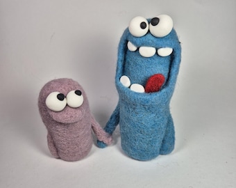 Needle felted monster duo, desk companion, Shelf art decor