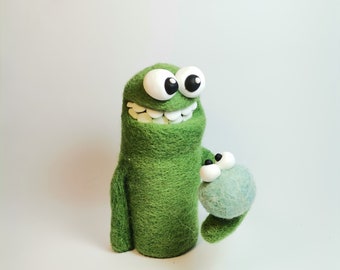 Needle felted creature with his small precious baby monster, home decor