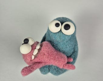 Needle felted monster figurines, wool sculpture, Inlove couple house decor
