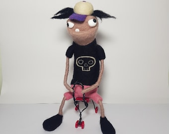 Needle Felted Monster Figurine: Skull T-Shirt, Pink Tricycle