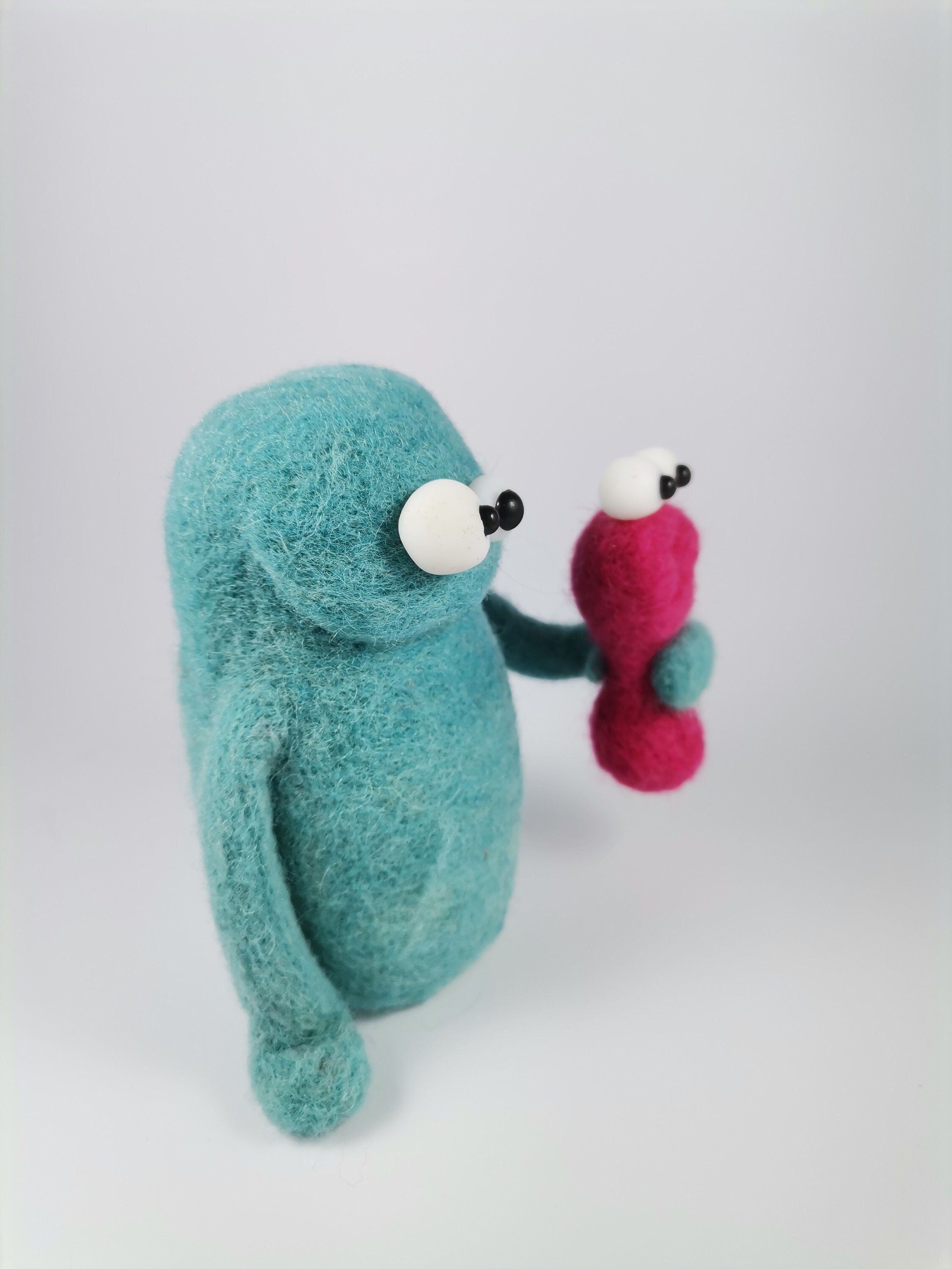 Two Needle Felted Monsters Blue Squeezing Yellow Loving Soft Etsy