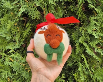 Hand Felted Reindeer Christmas Ornament, Large Wool Bauble, 33 cm Tree Decor