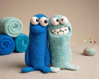 Handmade Needle Felted Wool Couple Figurines, Quirky Monsters (16cm)