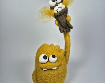 Monstruos de fieltro con aguja, decoración de habitación de lana, figurita color mostaza