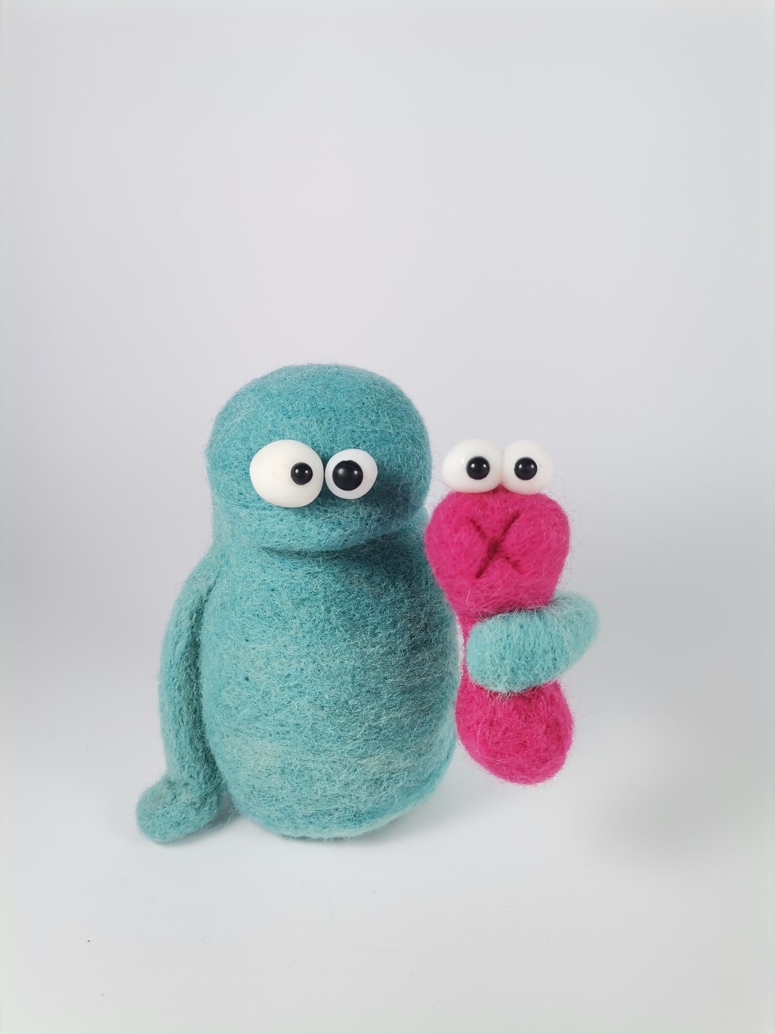 Two Needle Felted Monsters Blue Squeezing Yellow Loving Soft Etsy