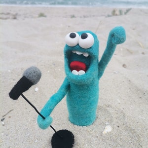 Needle felted singer with standing microphone, Wool singer figurine, Shelf decoration