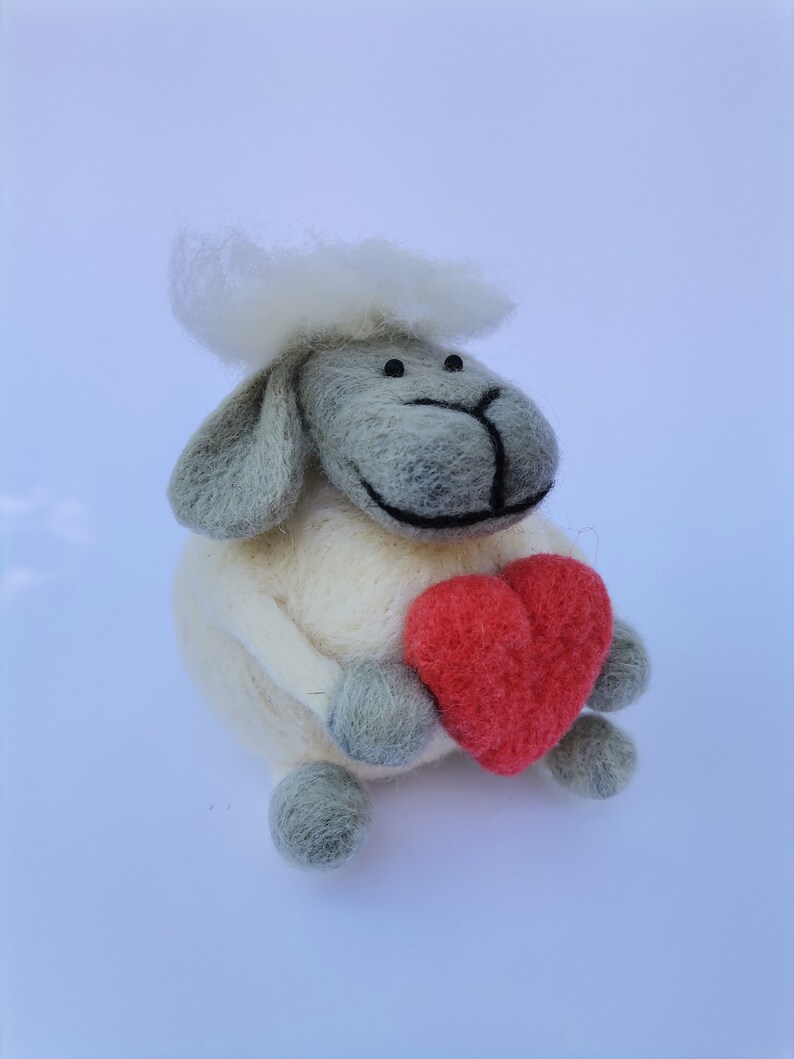 Needle felted sheep with long hair holding big red heart lover gift idea, I LOVE EWE Mother/'s day gift shelf life desktop decoration