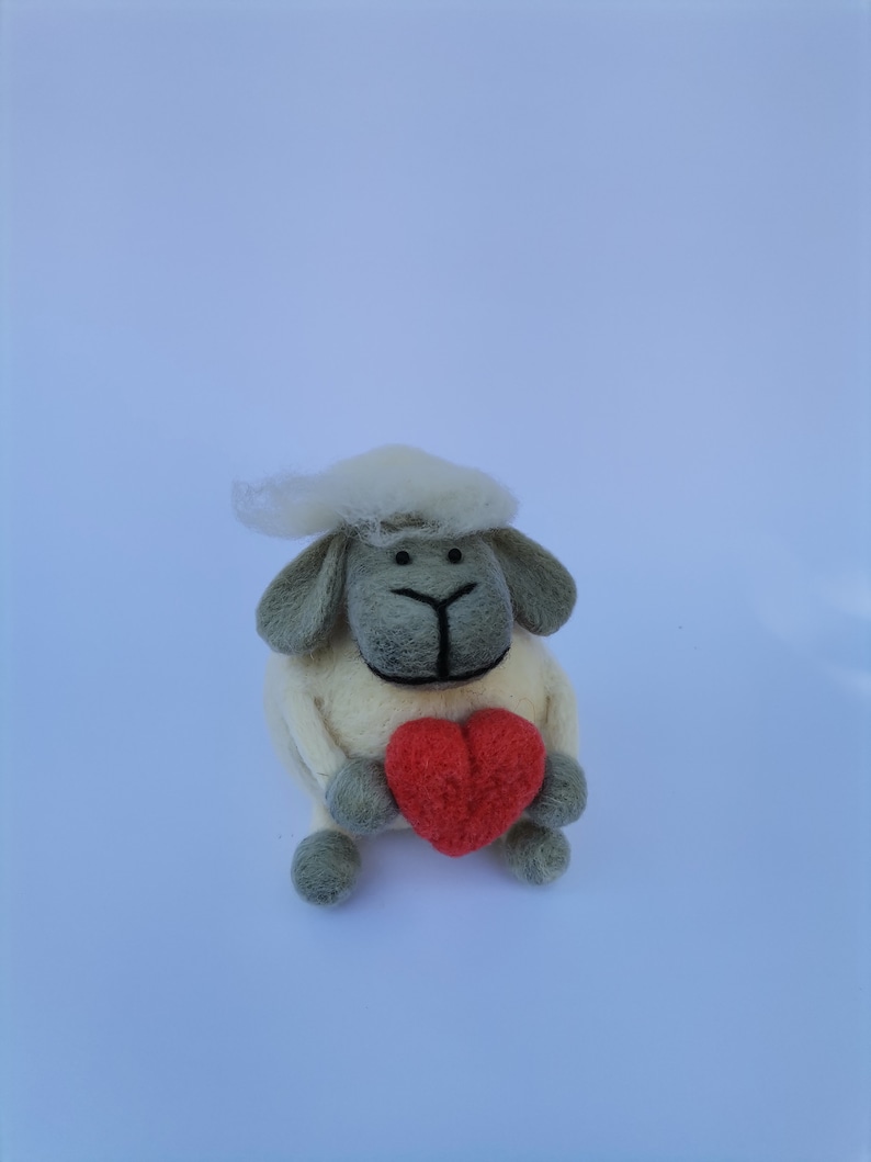Needle felted sheep with long hair holding big red heart lover gift idea, I LOVE EWE Mother/'s day gift shelf life desktop decoration