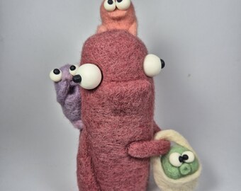 Mother of three wool sculpture, needle felted monster with kids, OOAK Standing wool figure