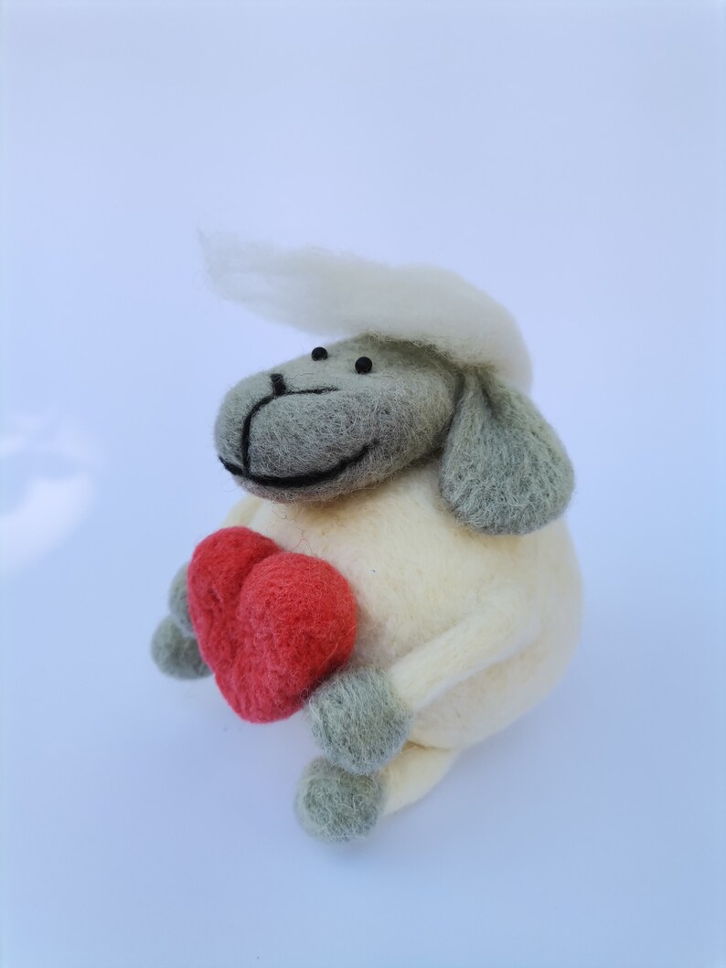 Needle felted sheep with long hair holding big red heart lover gift idea, I LOVE EWE Mother/'s day gift shelf life desktop decoration