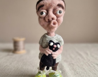 Needle Felted Boy Figurine with Black Cat, OOAK Wool Sculpture, Art Doll Collectible