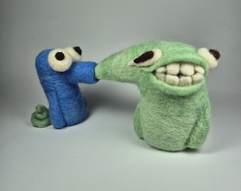 Hand Felted Monster Couple, Expressive Wool Figures, Quirky Desk Decor