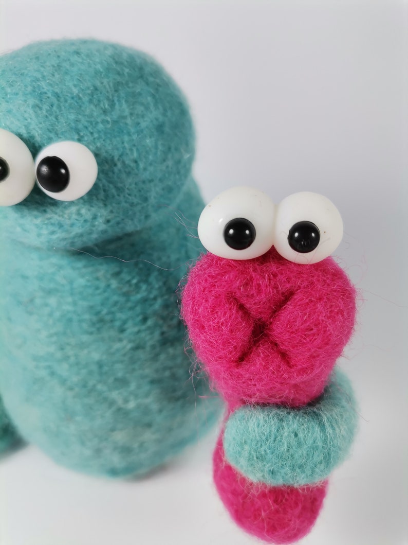Two Needle Felted Monsters Blue Squeezing Yellow Loving Soft Etsy