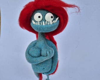Needle Felted Monster Princess Doll, Red Hair Wool Figurine, Handmade Collectible