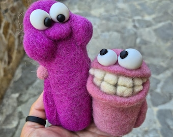 Needle Felted Monster Couple, Wool Friends, Quirky Home Decor, Collectible Display Piece