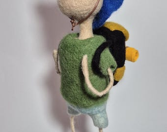 Needle felted hiker with sun hat and backpack, OOAK Standing wool figure