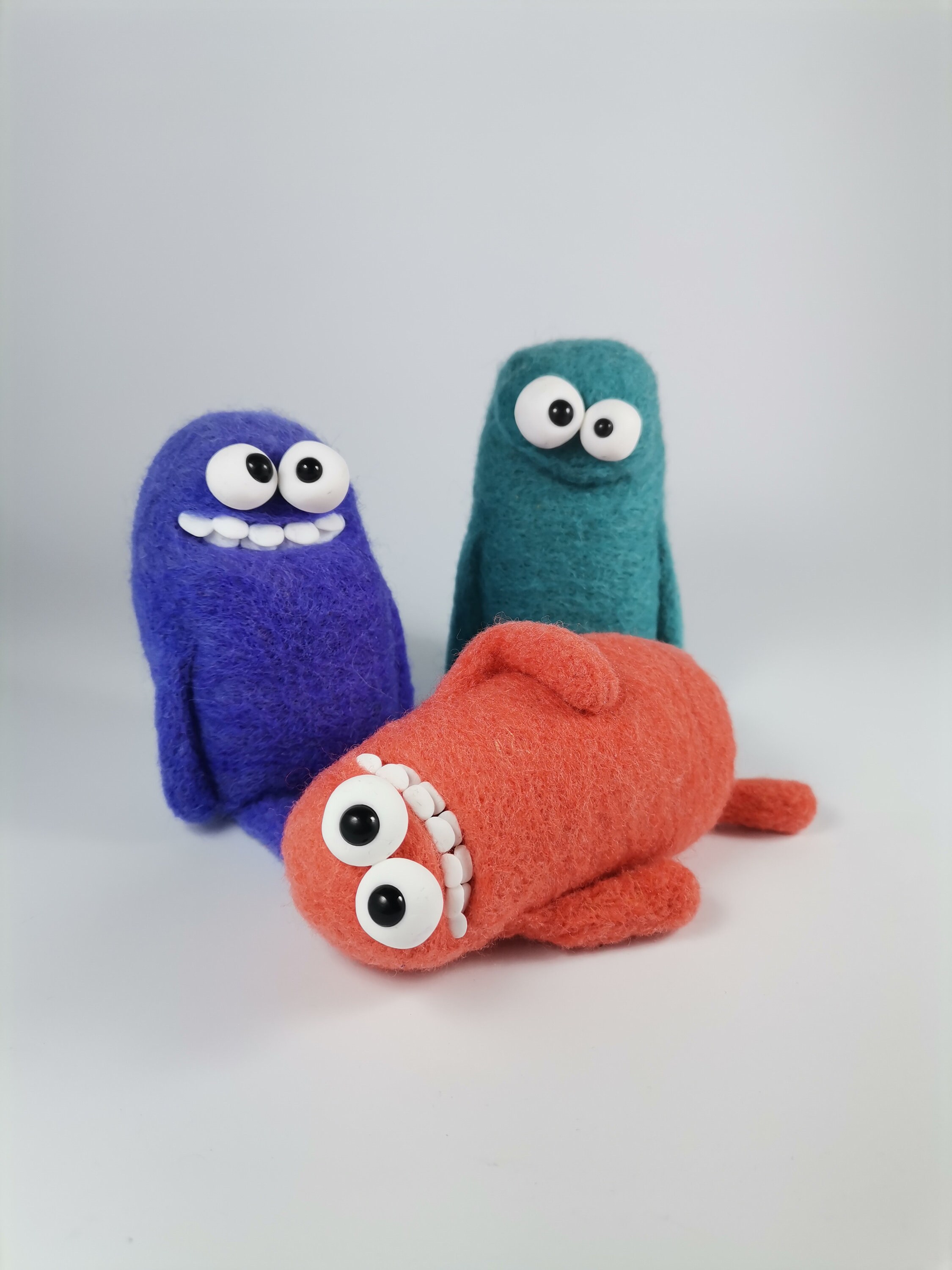 Three needle felted friendly monsters blue orange and purple Etsy