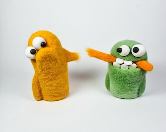 Needle Felted Wool Monster Pair, Handmade Quirky Desk Decor, Funny Shelf Ornament