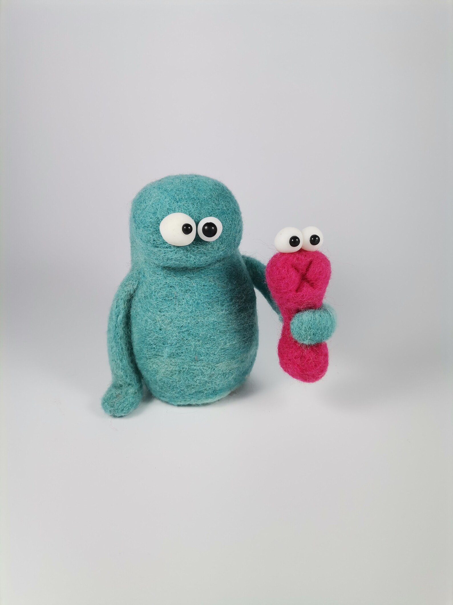 Two Needle Felted Monsters Blue Squeezing Yellow Loving Soft Etsy