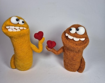 Needle felted monster duo, desk companion, Shelf art decor