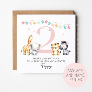 Cartão feito sob encomenda personalizado da neta | 1o 2o ó aniversário cartão comemorativo | Animal do safari do primeiro aniversário da neta cartão comemorativo | Cartão de 2º aniversário