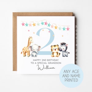 carte personnalisée petit-fils | 1er 2e 3e anniversaire | 1er anniversaire des petits-fils | Safari animalier | Carte de fête d'anniversaire