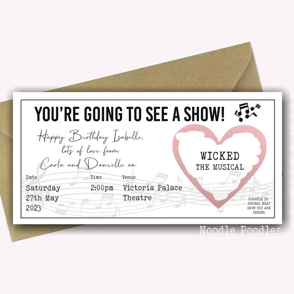 Personalised Surprise Birthday Card | Personalised Surprise Theatre Tickets | Surprise Reveal For Musical Show | Scratch Off Surprise Gig