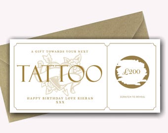 Tattoo Gift Voucher | Surprise Tattoo Gift | Personalised Tattoo Scratch to Reveal Card | Birthday Surprise | Money Towards Tattoo Gift