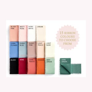 A grid of 15 fabric swatches in various colors, each labeled with a color name, such as "BLUSH PINK," "IVORY WHITE," and "DARK GREEN."