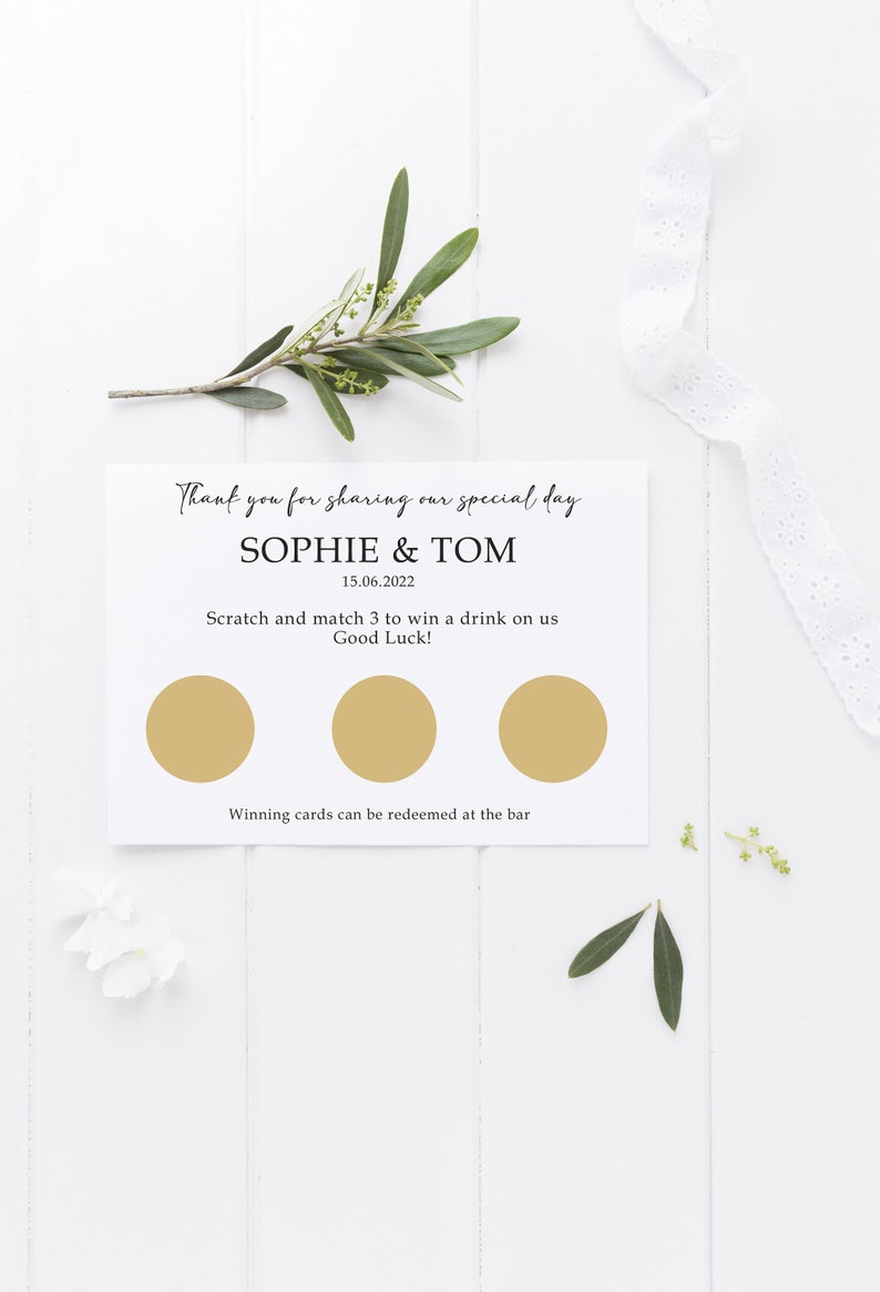 Personalised Wedding Scratch to Win Cards Wedding Favours Drinks Token Custom Scratch to win Card Fun Unusual Wedding Favour Gold
