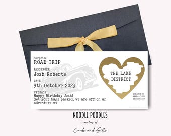 Road Trip Bordkarte | Personalisierte Geburtstagskarte | Faux Fake Car Road Trip Travel Pass | Überraschungsziel Reise