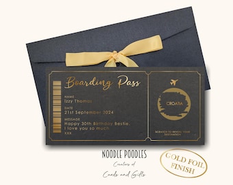 Surprise Trip Reveal Personalised Gold Foil Scratch Boarding Pass, Holiday Ticket Destination