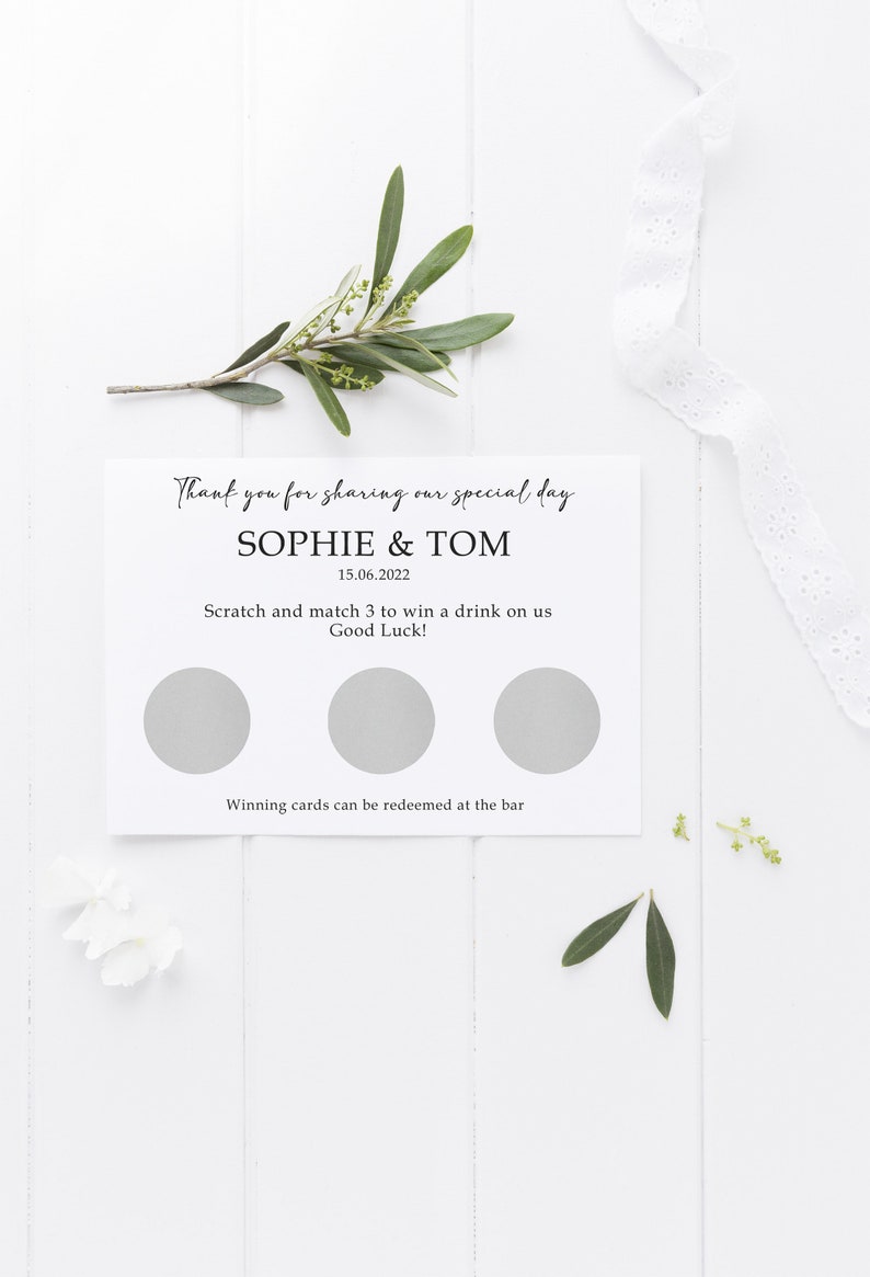 Personalised Wedding Scratch to Win Cards Wedding Favours Drinks Token Custom Scratch to win Card Fun Unusual Wedding Favour Silver