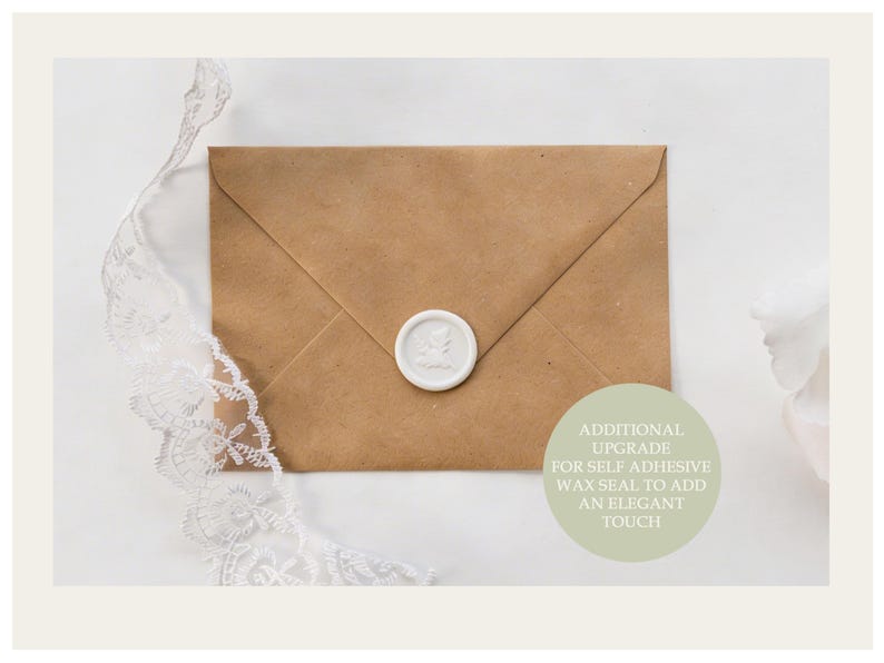 A light brown envelope with a white wax seal on the flap, resting on a white lace ribbon.