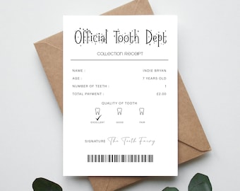 Mini lettre de fée des dents | Reçu d'argent de la fée des dents | Certificat de fée des dents | Cadeau souvenir de la première dent de fée des dents