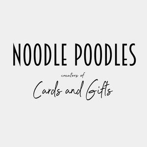 The text "NOODLE POODLES" in large black letters, with "creators of Cards and Gifts" in smaller script below it, on a light gray background.