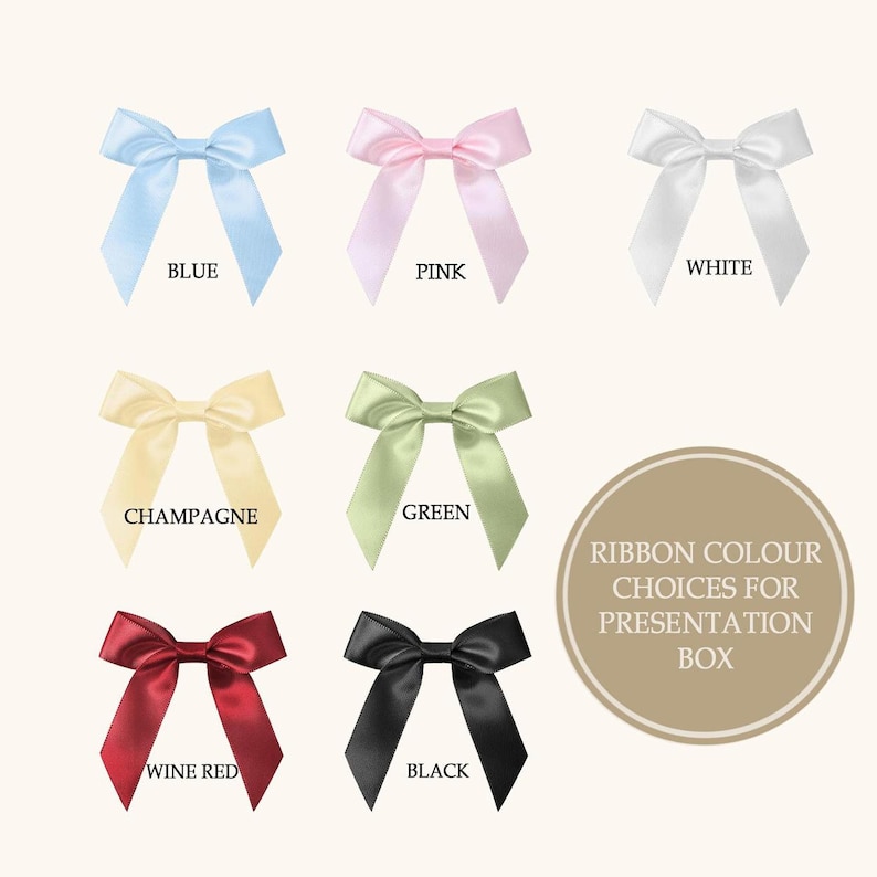 A grid of seven satin bows in different colors: blue, pink, white, champagne, green, wine red, and black.