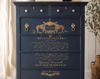 Navy Dresser, perfume stencil, redesign with prima gold-SOLD