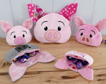 DIY-DIGITAL FILE - Piggy piglet Face Treat Sac- cierre superior a presión - 5x7-6x10-8x10 aros - ith Machine Embroidery Design File