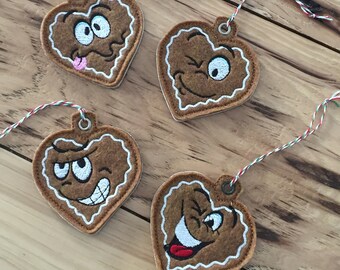 DIY-DIGITAL FILE -V2- Gingerbread Heart Faces Funny Cute Christmas - Snap tab/ Eyelet / Ornament  ith Machine Embroidery Design File