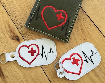 DIY-DIGITAL File - Heartbeat Heart Nurse - Memo notepad cover & Snap tab / Key fob  ITH Machine Embroidery Design File