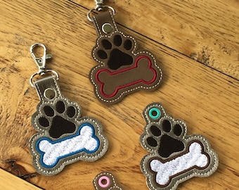 DIY- DIGITAL File - Paw with Bone filled or Bone outline - Snap tab / Key fob / Bag tag  ITH Machine Embroidery Design File In the hoop