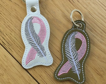 DIY-DIGITAL File - Awareness Ribbon with feather - SMALLER version Snap tab / Key fob / Bag tag  ith Machine Embroidery Design File